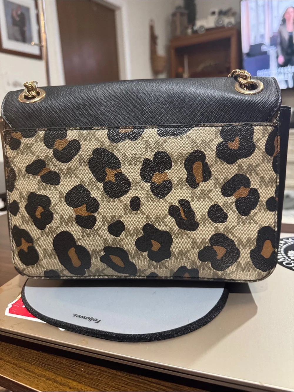 Michael Kors Black Leather & Leopard-Print Chain Crossbody